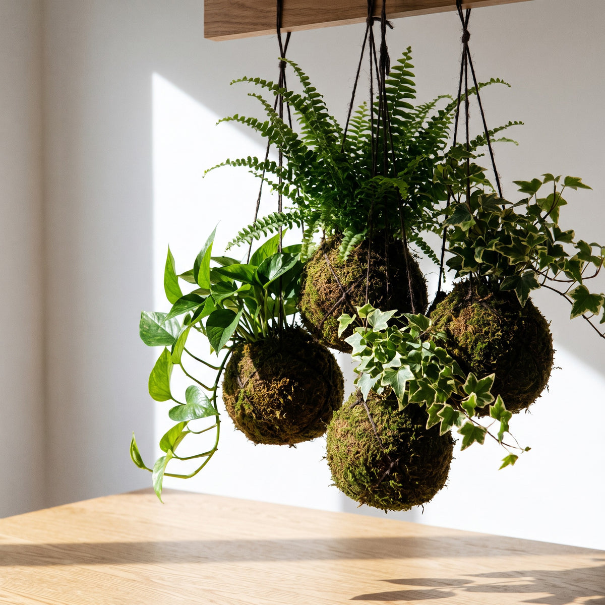 Multiple kokedama moss ball plants hanging in a bright indoor room